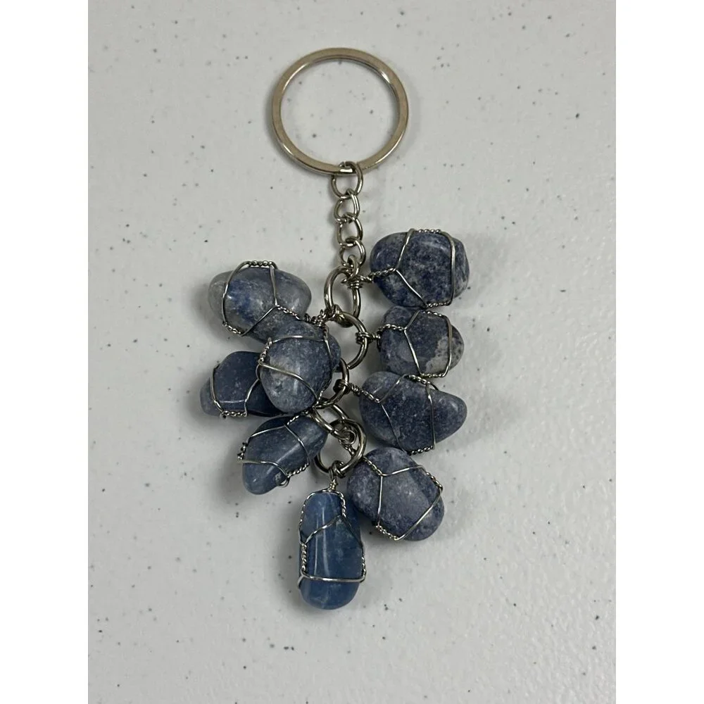 Blue Gemstone Blue Stone Crystal Wrapped Stone Natural Stone Blue Keychain